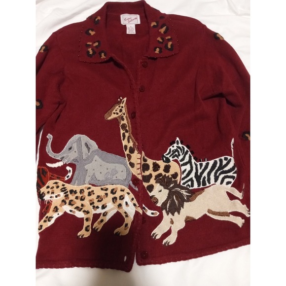 Ronni Salloway Sweaters - Ronni Salloway Vintage Safari Animal Beaded Cardigan Red Elephant Giraffe Small